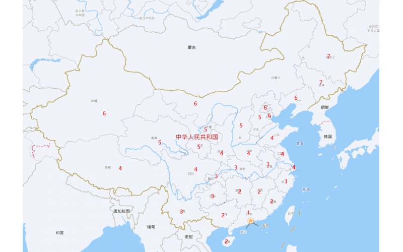 業(yè)務(wù)范圍數(shù)字化，按照距離廣東的臨近省份分布做出1到7的順序，每個(gè)數(shù)字代表跟廣東的相鄰省份數(shù)字。